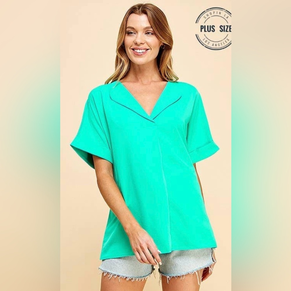 Plus Size Collard short sleeves Loose Green V-Neck Women's Top New